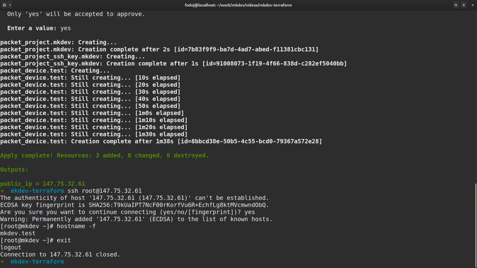 Screenshot of a computer terminal showing the output of a Terraform apply command, including the creation of resources and connection to a remote server via SSH.