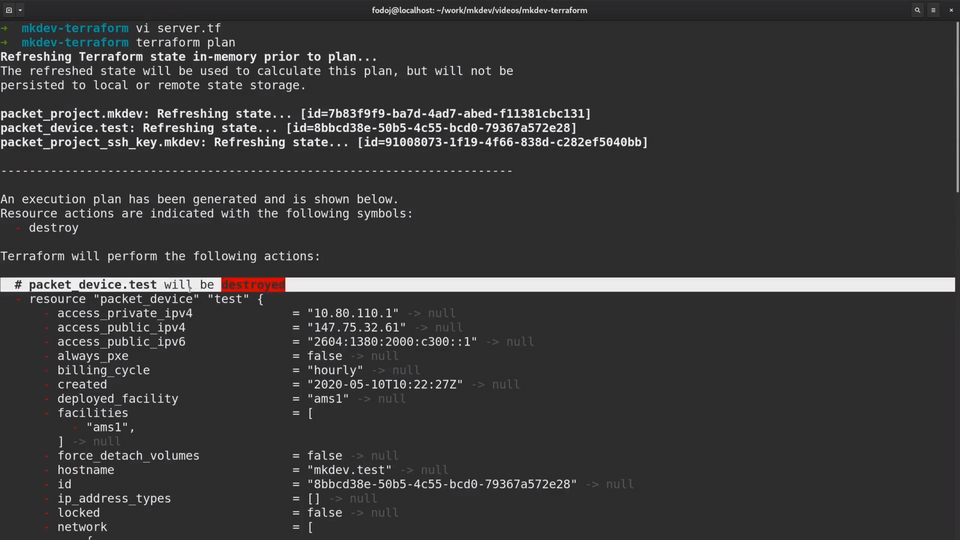Screenshot of a computer terminal displaying code and output related to Terraform infrastructure management, indicating a 'packet_device.test' will be destroyed with a list of its properties.