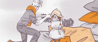Illustration of a person in gray and orange attire interacting with a small robot wearing a polka-dot hat and apron, holding work tools. The background features abstract shapes in orange and gray tones.