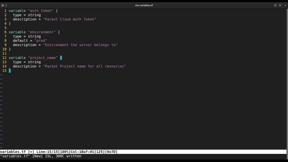 Screenshot of a computer screen displaying code in a text editor with a dark background, showing definitions of variables in a Terraform configuration file.