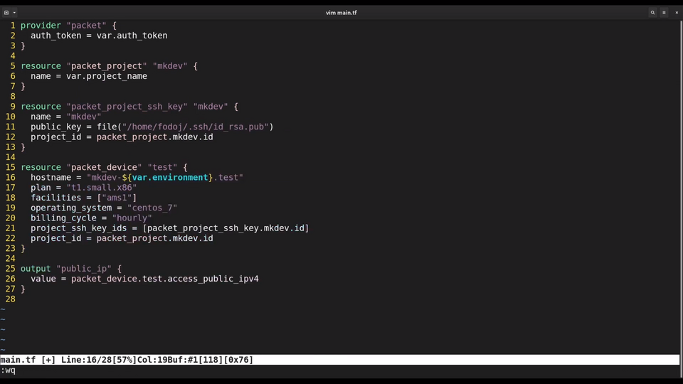 Screenshot of a computer screen displaying a coding interface with Terraform code, including configuration for a provider, project, ssh key, device, and output for a public IP address.