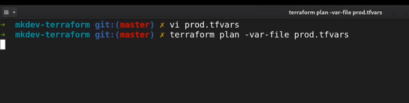 A screenshot of a computer terminal with command-line interface showing a directory within a git repository on the 'master' branch with two executed commands related to Terraform.