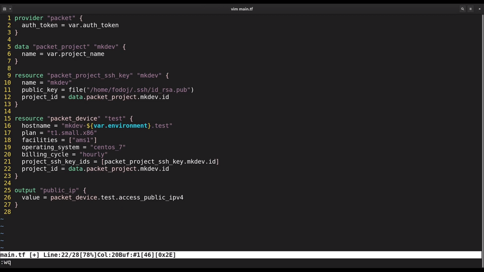 A screenshot of a computer screen displaying code written in Terraform, which is an infrastructure as code software tool, inside a Vim editor with some commands at the bottom.