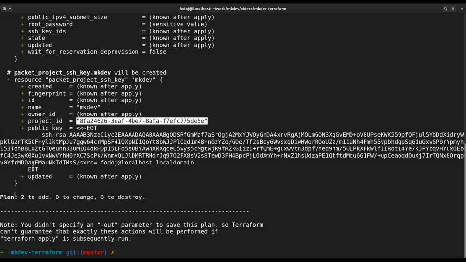 Screenshot of a terminal with code and output related to Terraform infrastructure management, showing the planned addition of resources and an SSH key configuration.