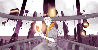 A monochromatic scene with a person holding a glowing cube, set against a futuristic cityscape featuring tall, angular structures and floating orbs. The color scheme is predominantly purple and orange, with scattered debris and clouds in the background.