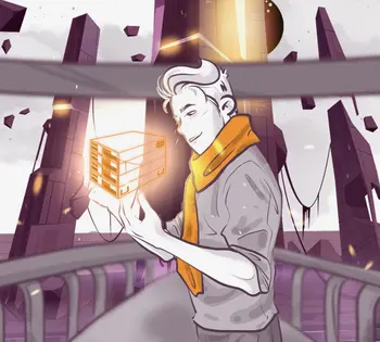 A person with a scarf examines a glowing, holographic cube in their hand. They stand on a futuristic walkway with tall, geometrically shaped structures in the background, amid floating debris and a glowing sky.