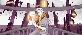 Futuristic cityscape with tall, angular buildings and floating structures. A person with a scarf stands on a bridge, holding a glowing cube, amidst a digital, stylized environment. The scene is filled with glowing orbs and floating debris, emphasizing a science fiction theme.
