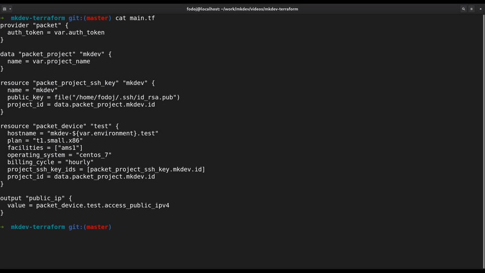 Screenshot of a text editor displaying Terraform configuration code for provisioning infrastructure, including a provider, SSH key resource, device resource, and output for a public IP.