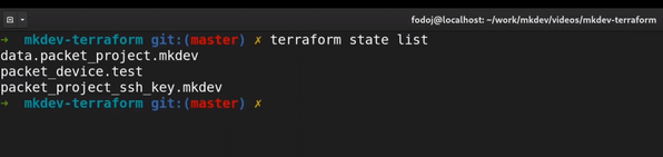 A computer terminal screenshot showing a command line interface with a 'terraform state list' command and its output, within a 'mkdev-terraform git:(master)' directory.