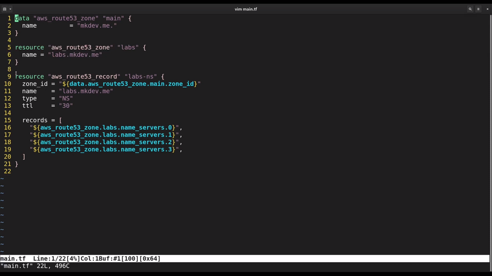 Screenshot of a code editor displaying Terraform configuration for AWS Route 53 resources with a DNS zone and name servers setup.