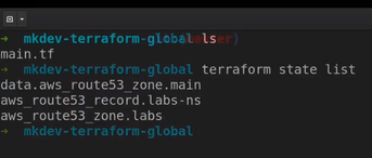 A screenshot of a computer terminal with text indicating commands related to Terraform, an infrastructure as code tool, primarily showing interactions with AWS Route53 service.