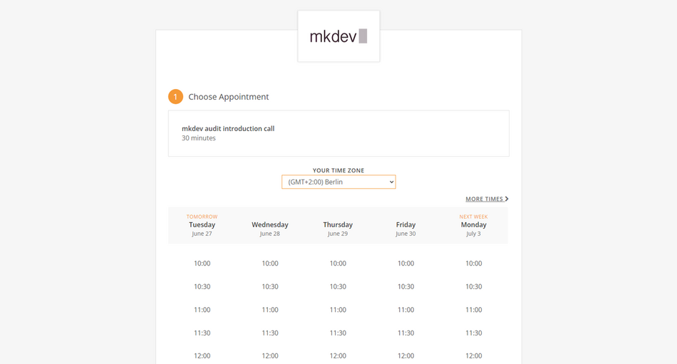 Screenshot of an online appointment scheduling interface with available time slots for a week and a drop-down menu for selecting a time zone (GMT+2:00 Berlin).