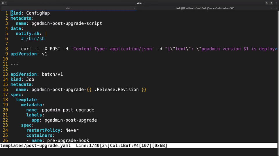 Screenshot of a computer screen showing a YAML configuration file within the Vim editor, including sections of code for a ConfigMap and a Job for Kubernetes orchestration.