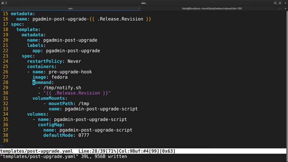A screenshot of a YAML configuration file opened in the Vim text editor, showing lines of code related to Kubernetes or container orchestration.