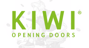 Logo with the word "KIWI" in large green letters, followed by "OPENING DOORS" in smaller text, and a faint illustration of a person behind the text.