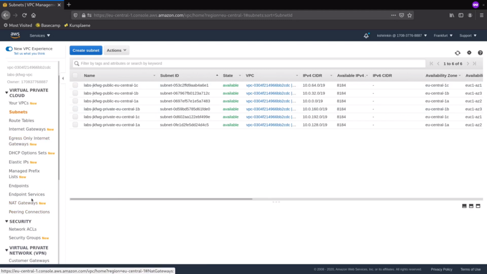 Screenshot of AWS Management Console displaying a list of subnet details within a VPC interface, showing names, IDs, states, IPv4 CIDRs, and availability zones.