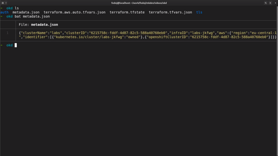 A screenshot of a terminal window displaying commands and a file called 'metadata.json' which contains JSON formatted data related to Kubernetes/OpenShift cluster identifiers and Amazon Web Services (AWS) region information. The terminal prompt is "okd".