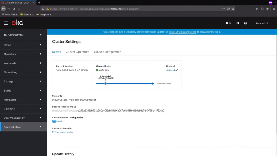 Screenshot of the OpenShift cluster settings page indicating that the current version 4.6.0 is up to date and on the stable-4 channel.