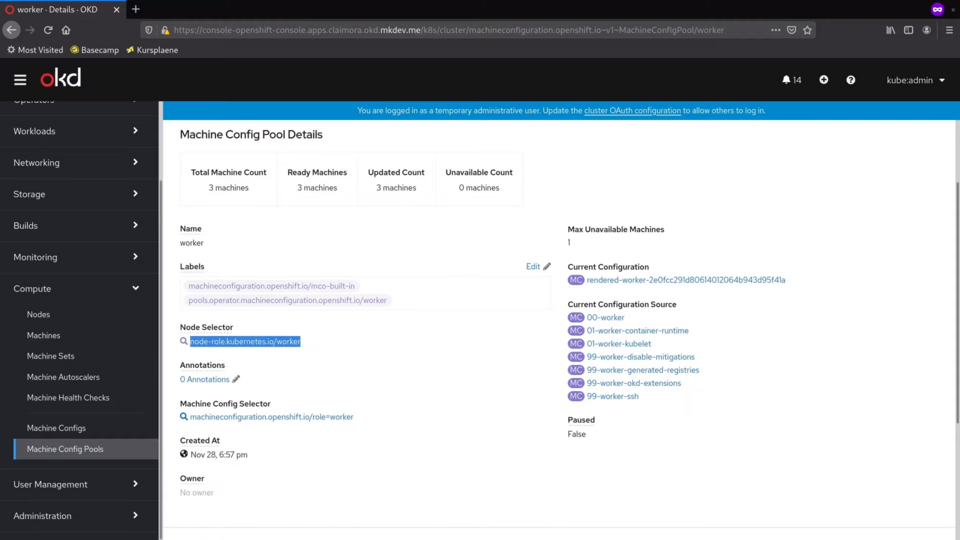 Screenshot of an OpenShift cluster console displaying details of a Machine Config Pool, including machine counts, labels, selectors, and configurations.
