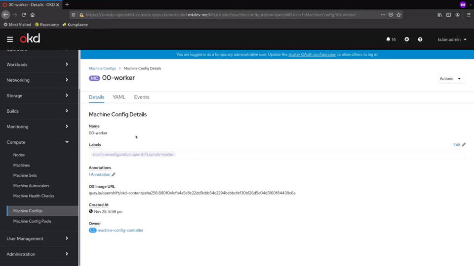 Screenshot of an OpenShift console displaying Machine Config Details for a worker node with information such as Name, Labels, Annotations, OS Image URL, creation date, and owner.