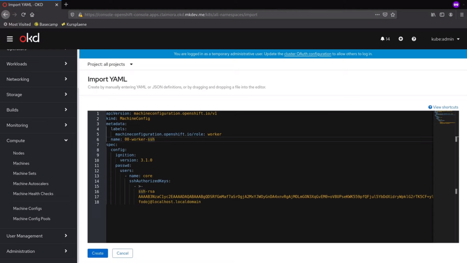Screenshot of a YAML configuration file in an OpenShift console editor with an import YAML header, showing machine configuration for a Kubernetes cluster.