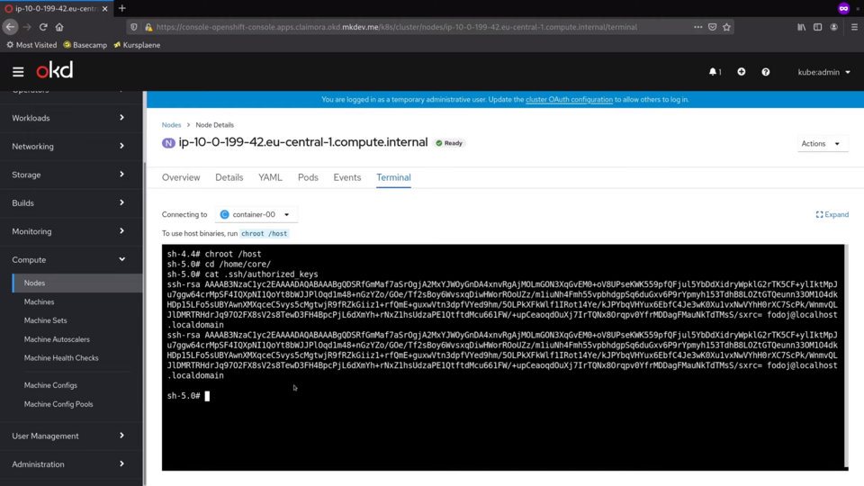 Screenshot of an OpenShift web console terminal showing command line interface with a focus on SSH authorized keys and commands typed into the shell.