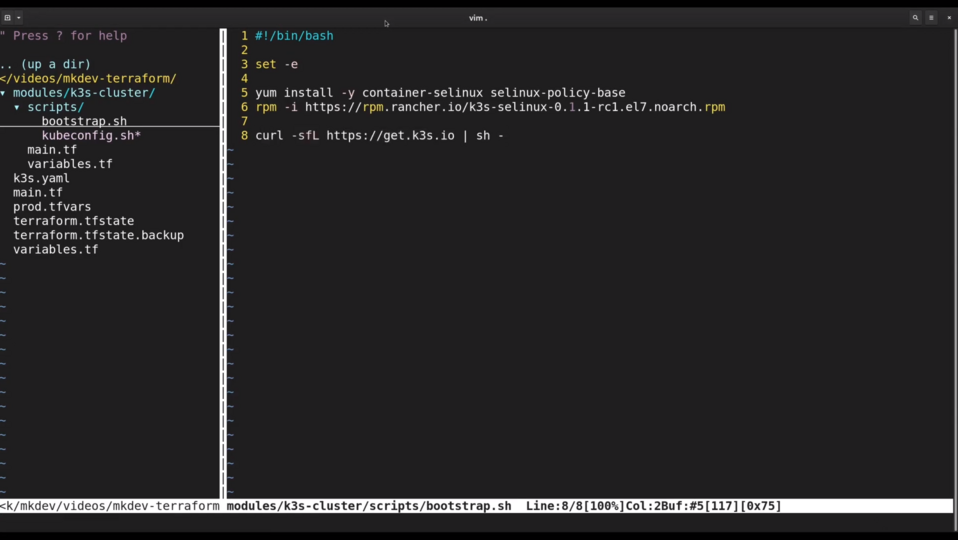 A terminal screen split into two panes; the left shows a file directory structure and the right displays a bash script with commands related to SELinux and installing k3s.