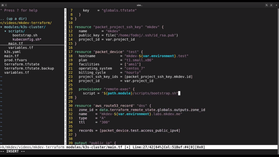 A screenshot of a computer screen displaying code in a text editor with syntax highlighting, specifically showing Terraform infrastructure configuration with resource definitions and variables.