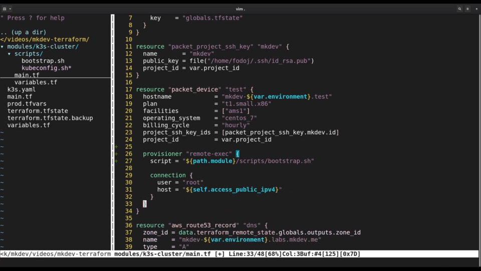 Screenshot of a computer screen displaying a code editor with Terraform configuration files open, highlighting aspects of infrastructure as code tasks.