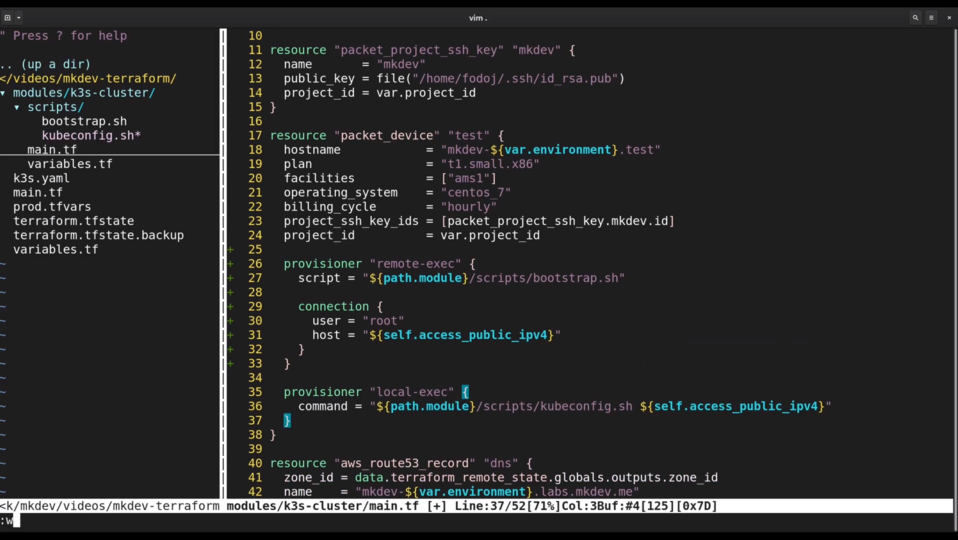 Screenshot of a computer screen displaying code in Vim editor, with visible Terraform configuration for provisioning cloud infrastructure.