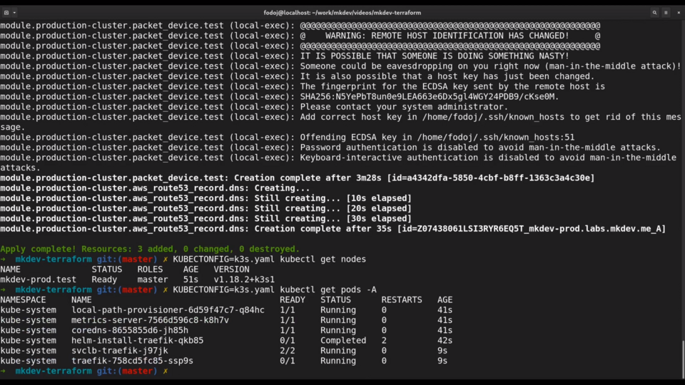 Screenshot of a computer terminal with command line texts indicating remote host identification warnings, Terraform apply completion message, and Kubernetes get nodes and pods output.