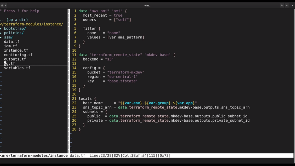 Screenshot of a computer screen with Terraform configuration code open in the Vim text editor, showing code related to AWS infrastructure setup.