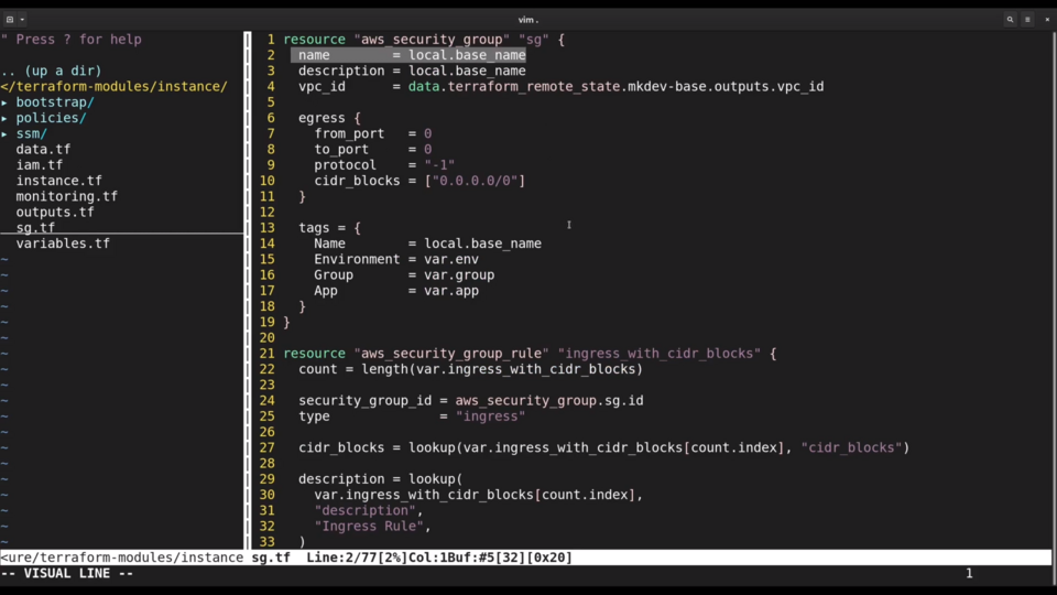 Screenshot of a computer screen displaying code in a text editor (Vim), showing a Terraform configuration for AWS security groups and rules.