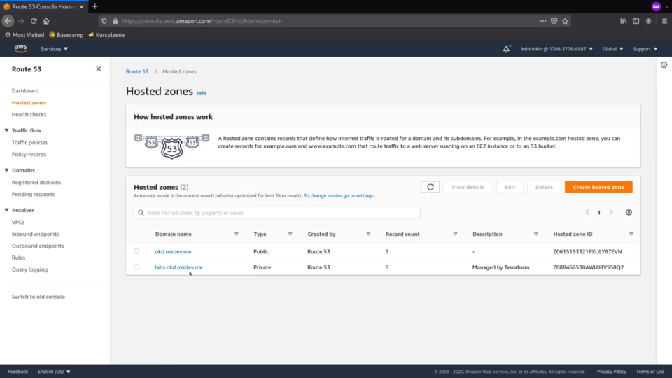 Screenshot of AWS Route 53 Console with hosted zones tab open showing information on how hosted zones work and a list of two domain names with details such as domain type, creator, record count, and hosted zone ID.