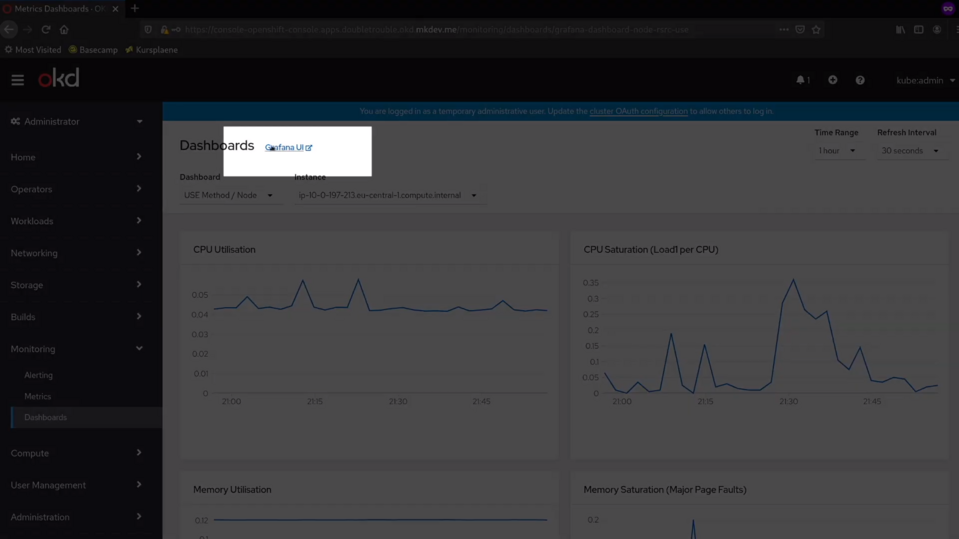 Screenshot of a monitoring dashboard showing CPU and memory utilization graphs with options for different time ranges and refresh intervals, and a sidebar navigation menu.
