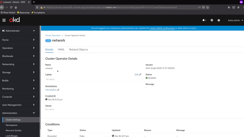 Screenshot of the OpenShift web console showing the details of a cluster operator named 'network', with version info and status indicating it is available.