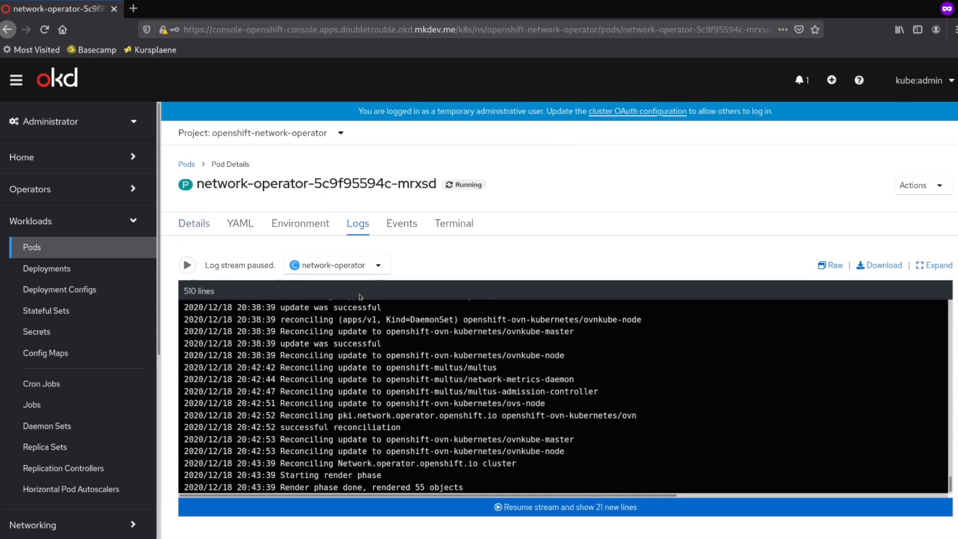 Screenshot of a Kubernetes/OpenShift web console displaying logs for a network operator pod, with messages indicating updates and reconciliations.