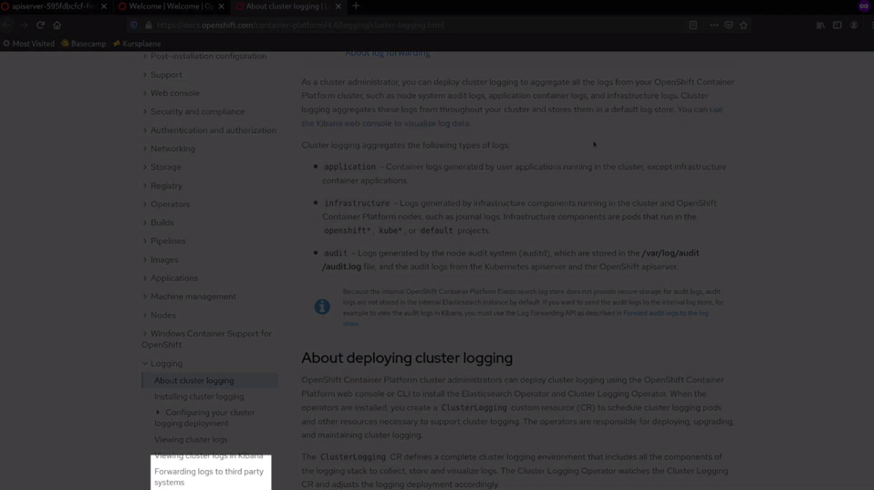 A screenshot of OpenShift Container Platform documentation about cluster logging detailing types of logs such as application, infrastructure, and audit logs with navigation items on the left.