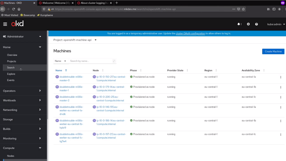 Screenshot of an OpenShift Container Platform web console displaying a list of machines with their corresponding status, node information, provider state, region, and availability zone.