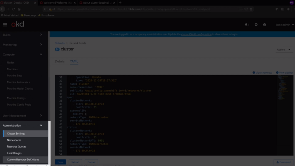 Screenshot of a computer interface showing the YAML configuration for cluster networking settings in a Kubernetes management platform.