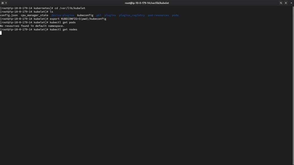 A terminal screen with a user executing commands related to Kubernetes, including navigating to the kubelet directory and running 'kubectl get pods' and 'kubectl get nodes' commands.