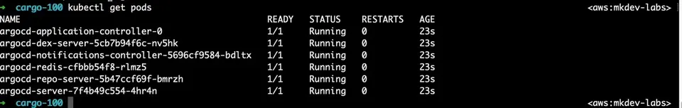 A terminal screenshot displaying the output of 'kubectl get pods' with several pods named 'argocd-*' running successfully with a status of 'Running' and no restarts, all with an age of 23 seconds.