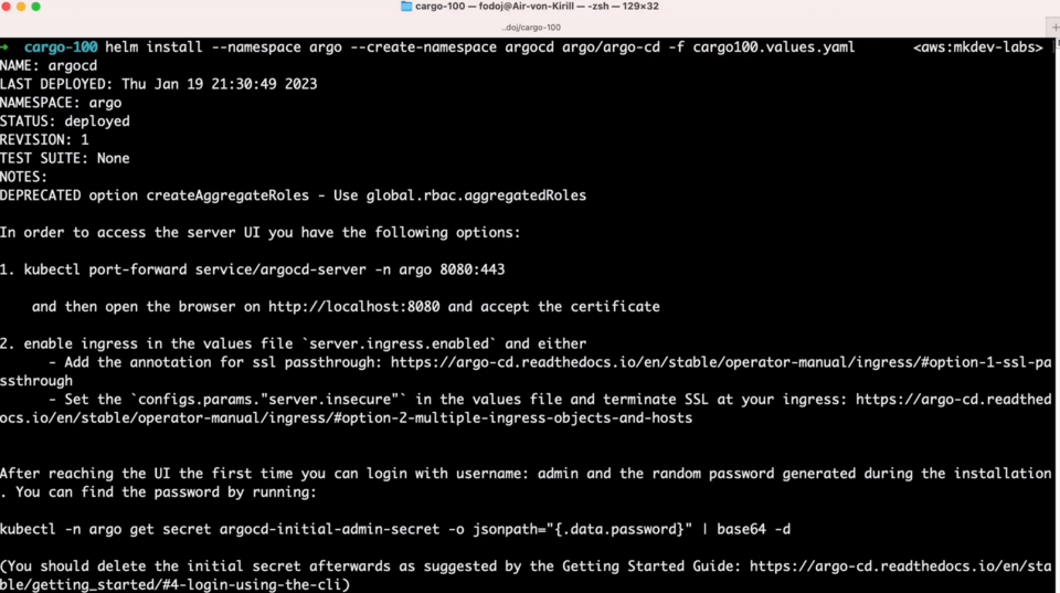 Screenshot of a computer terminal after installing ArgoCD with helm, including instructions for accessing the Argo CD user interface and retrieving the initial admin password.