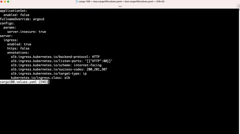 Screenshot of a computer terminal showing a YAML configuration file related to Kubernetes, with parameters for application settings and ingress annotations.