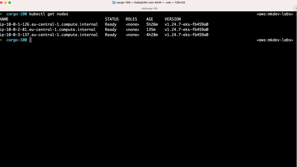 Screenshot of a computer terminal with the output of the command 'kubectl get nodes', showing three nodes in a Kubernetes cluster with their statuses, roles, ages, and versions.