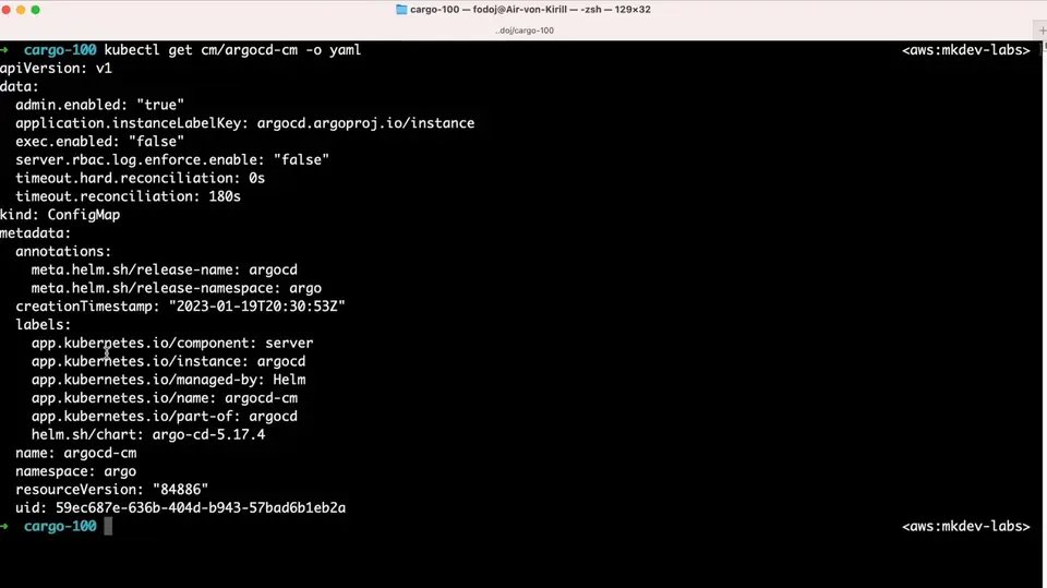 Screenshot of a computer terminal displaying command-line interface with executed 'kubectl' command to get details of a ConfigMap in YAML format, related to Argo CD, a continuous delivery tool for Kubernetes.