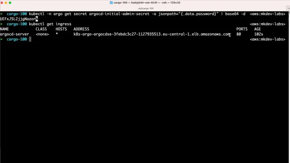 A computer terminal display showing command line actions related to Kubernetes, including retrieval of a secret from Argo CD and listing ingress resources, with an AWS ELB address visible.