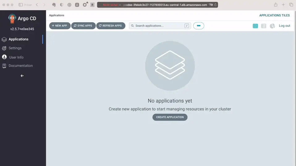 Screenshot of Argo CD web interface with no applications, containing a message "No applications yet" and button "CREATE APPLICATION", version number v2.5.7 on the sidebar.
