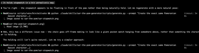 Terminal interface showing dialogue about a Pomeranian mascot holding a stopwatch. The conversation addresses issues with the stopwatch's position and attempts to generate a natural pose using a Python script. The stopwatch was perceived as floating unnaturally and off-frame, prompting adjustments.
