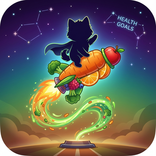 Silhouette of a cat in a cape riding a rocket made of vegetables and fruits, including a carrot, apple, and broccoli. The rocket emits a colorful trail, flying towards constellations labeled "Health Goals" in a starry sky.
